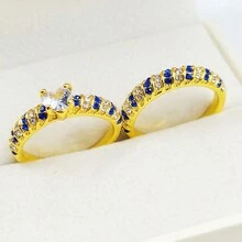 Cross-border Fashionable Couple Rings, Simple & Exquisite Design With Micro Zirconia Inlay, Versatile Engagement Bands In Gold Color - Blue - View 2