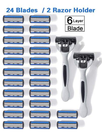 2柄+24刀片/男女手动剃须刀6层不锈钢脱毛剃须刀片可更换剃须刀头剃须工具