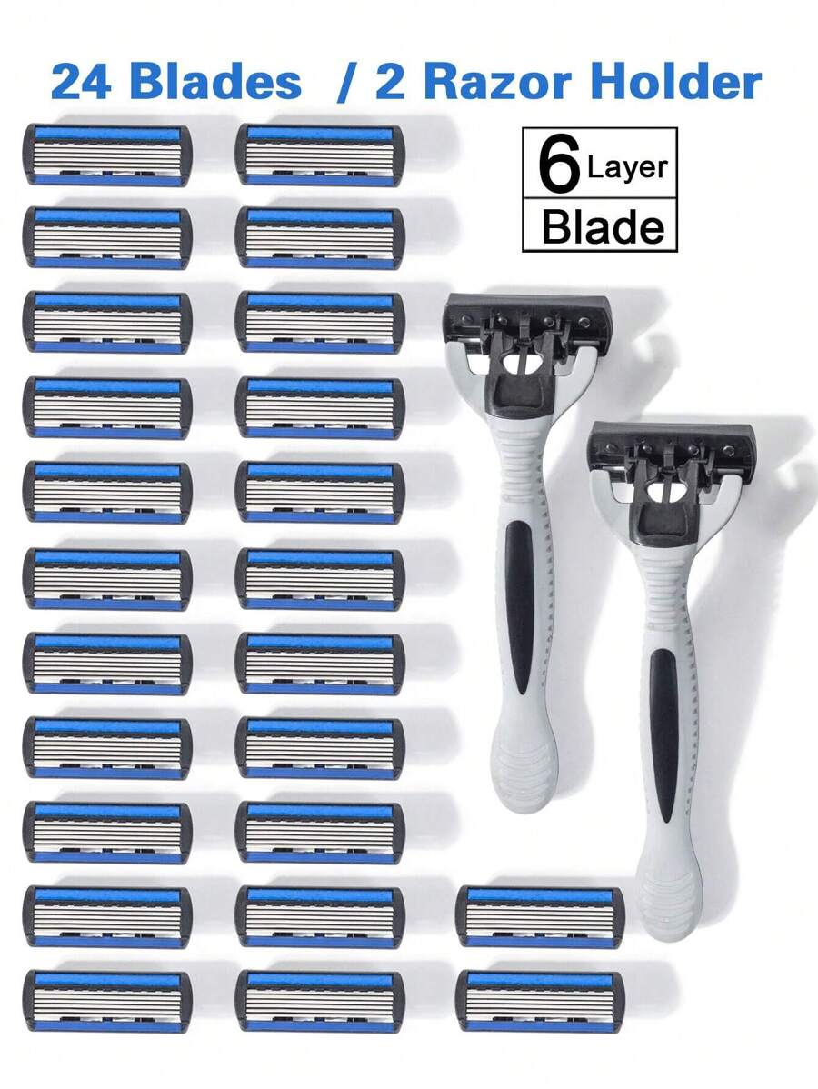 2 Handle + 24 Blades/ Men And Women Manual Razor 6-Layer Stainless Steel Hair Removal Shaving Blades Replaceable Shaver Head Shaving Tools - Multicolor - View 1