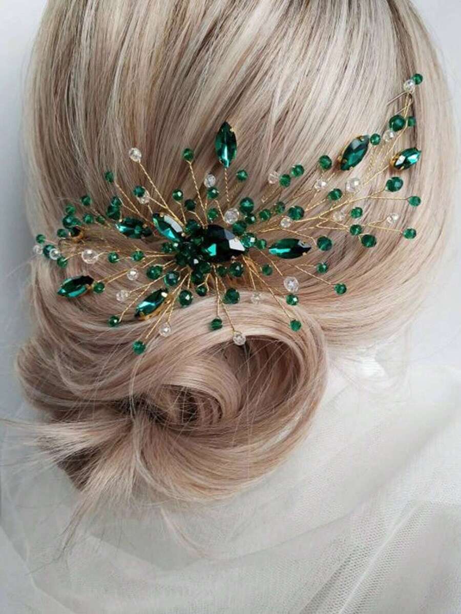1pc Women's Handmade Green Glass Rhinestone Long Hair Comb Headpiece