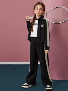 Tween Girl Letter Patch Zippered Side Zipper Jacket And Pants Suit - Black - View 6