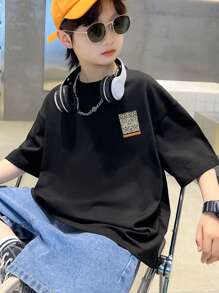 男大童幾何和字母圖案落肩T恤 - 黑色 - 查看 3