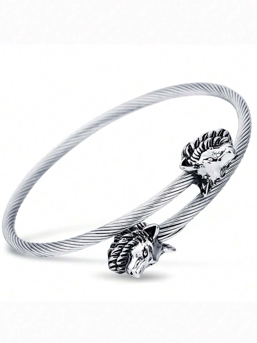 1條不鏽鋼手鐲,歐美男女皆適用,維京狼頭復古海盜電纜扭繩手鐲,適合作為朋友、情人、家人的禮物,經典禮物