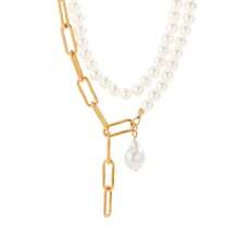 時尚蓄積珍珠項鍊套裝，創意不對稱鏈條項鍊，雙層流蘇毛衣鍊，個性甜美又酷的鎖骨項鍊 - 金色 - 查看 9