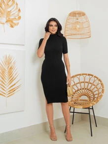 中長款緊身針織連身裙,側邊劈設,優雅的針織連衣裙 - 黑色 - 查看 6