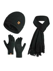 1套針織圍巾帽子手套套裝,男女冬季保暖保熱頸暖帽子和手套,適用於戶外活動 - 黑色 - 查看 1