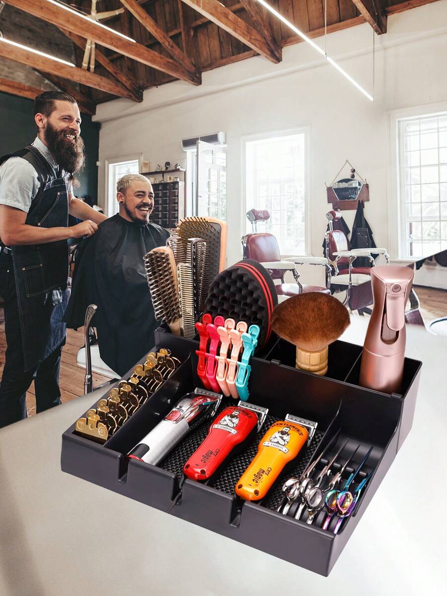 1pc Hairdresser Tool Tray Box, Professional Hair Cutting Tool Storage Container With Non-Slip Mat And Razor Holder, Suitable For Barber Salon,Hair Tools,Hair Products And Accessories For Barber Salon Beauty Travel Essentials - Black - View 1