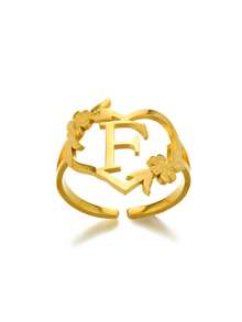1pc Fashionable Gold Stainless Steel Flower Shaped Open Ring With Letter, Heart For Ladies, Wedding, Jewelry, Valentine'S Day Gift - Gold - View 36