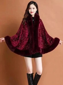 Của phụ nữ Mini Sang trọng Lấp lánh Nhung Khăn choàng áo Với Vòng cổ , Cape Mùa Đông Áo choàng , Giáng sinh , Năm mới Lễ hội Vật trang trí Thanh lịch - Màu Đỏ Sâu - Xem 7