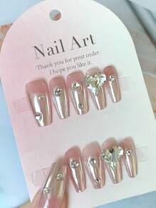 10pcs Handmade Long Coffin Shape False Nails Set In Nude Pink Color With Heart And Rhinestone Decor Press On Nails Nail Supplies