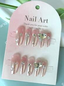 10pcs Handmade Long Coffin Shape False Nails Set In Nude Pink Color With Heart And Rhinestone Decor Press On Nails Nail Supplies