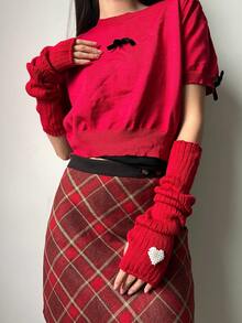 xianuoxiucai 1 đôi Quý cô Đỏ  Phong cách Y2k Dày Dệt kim Găng tay cụt ngón & Arm Với Tim Đồ trang trí , Thích hợp Cho mùa đông , Mặc hàng ngày , Ngoài trời , Buổi tiệc , - Đỏ - Xem 3