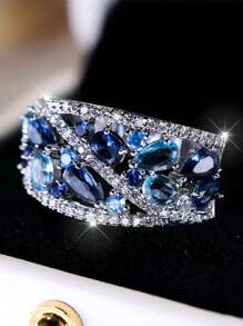 1pc Blue Crystal Waterdrop Stone Ring, Simulated Sapphire Engagement Ring, Gift For Daughter, Mom, Or Other Relatives - Silver - View 12