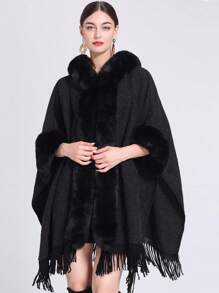 1pc Versatile Knitted Faux Mink Fur Black Shawl For Women, Autumn And Winter, New -style, Faux Rabbit Fur Hooded Coat, Plus Size, Windproof, Thickened, Warm Outerwear, Cloak, Clothing Accessories - Black - View 1