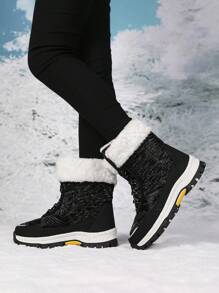 女士户外运动靴，系带拼接保暖内衬保暖雪地靴，中筒冬靴 - 黑色 - 查看 1