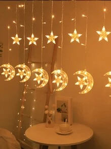 1 Bộ Của 6 cái Ngôi sao & 6 cái Mặt trăng Hình dạng 3.5M Ấm áp Ánh sáng 128LED Mặt trăng & Ngôi sao Rèm Nàng tiên Đèn Chuỗi  , Thích hợp Đối với Nhà  Ngày lễ Giáng sinh Lễ cưới Buổi tiệc Sân trong Bãi cỏ Đồ trang trí - Trong sáng - Xem 4