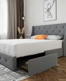 SHA CERLIN Upholstered Platform Bed Frame with 4 Storage Drawers and Wingback Headboard, Diamond Stitched Button Tufted Design, No Box Spring Needed, Grey