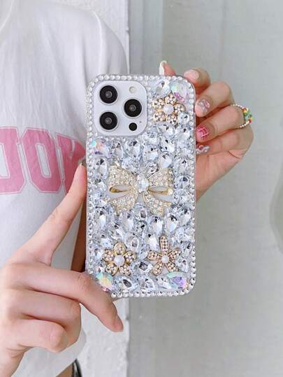 手机壳白色优雅经典闪亮水钻蝴蝶结外壳适用于苹果防水防震防摔防刮