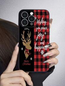 1pc Christmas-themed Tpu Soft Shell With Matte Texture And Straight Edge Design Featuring Red Plaid & Golden Deer Pattern, Fully Wrapped For Anti-dust And Waterproof Protection; Compatible With Iphone 7/8/11/12/13/14/15/x/xr/xs/plus/pro/pro Max/se2/mini Series - Multicolor - View 1