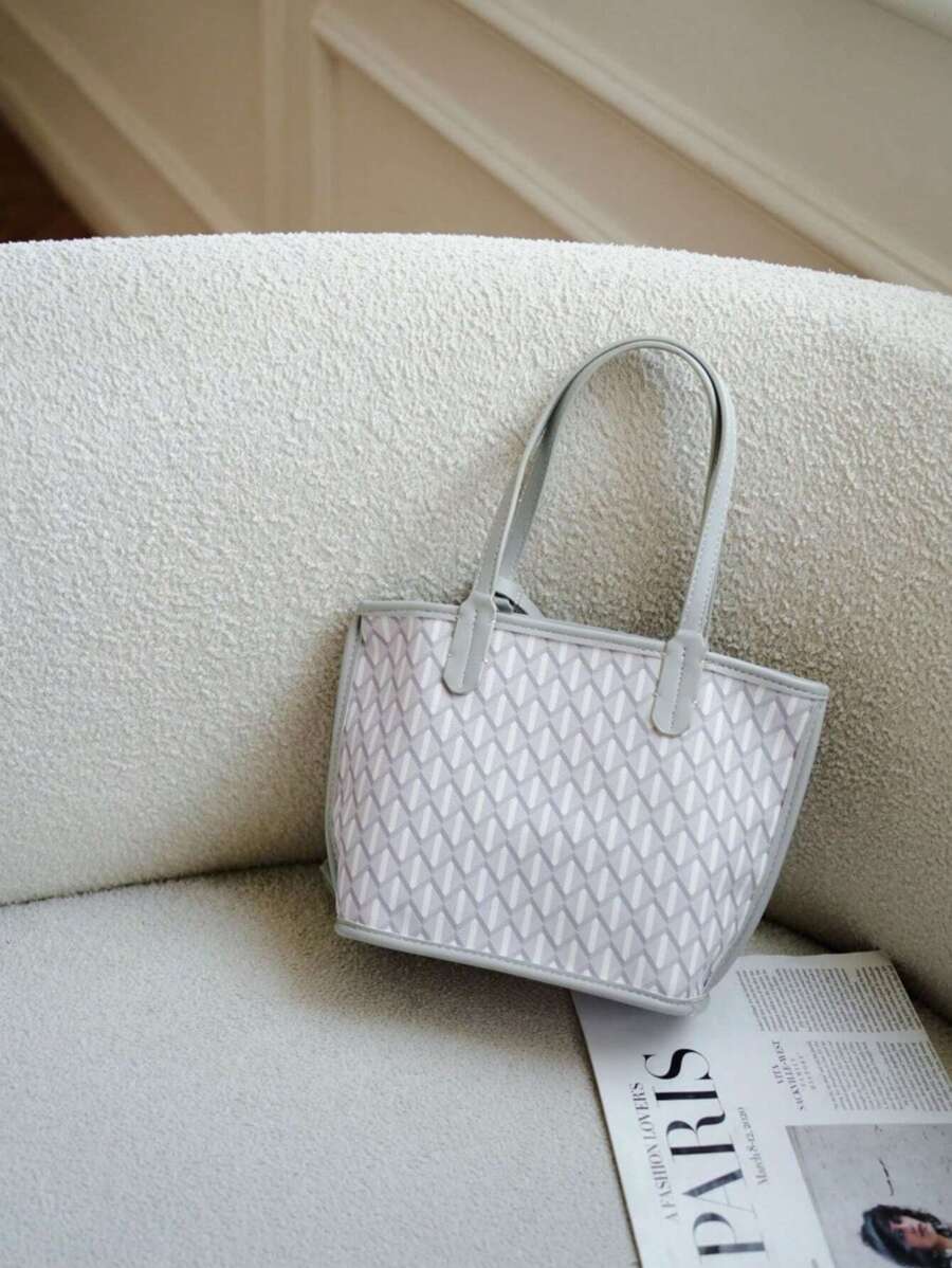 White Fashion Simple Classic Retro Leather Diamond Check Pattern Handbag Casual Women Tote Bag Shoulder Bag Exquisite PU Material Suitable for Parties, Work, Travel, School, Shopping, Gifts - White - View 1
