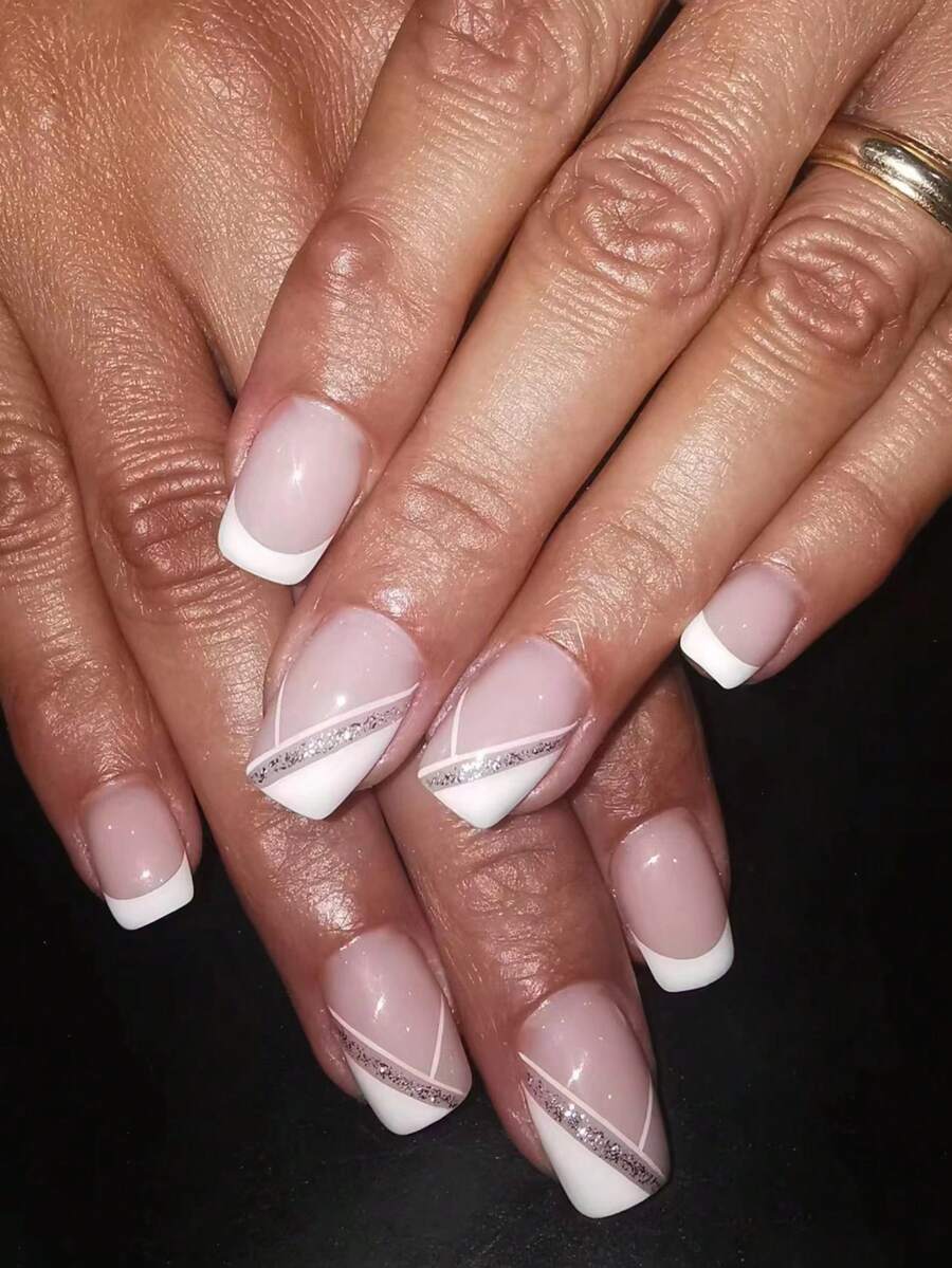 立即使用 24 件方頭簡約斜角法式美甲升級您的造型,適合女士和女孩,全覆蓋假指甲 - 彩色 - 查看 1