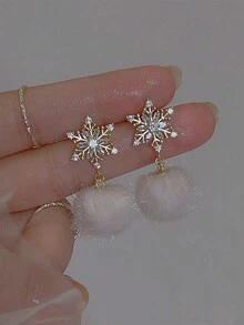 2pcs Cute And Sweet Snowflake Shaped Earrings With Rhinestone Decoration And Fluffy Pendant For Women, Perfect For Christmas Accessory - White - View 2