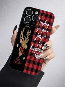 1pc Christmas-themed Tpu Soft Shell With Matte Texture And Straight Edge Design Featuring Red Plaid & Golden Deer Pattern, Fully Wrapped For Anti-dust And Waterproof Protection; Compatible With Iphone 7/8/11/12/13/14/15/x/xr/xs/plus/pro/pro Max/se2/mini Series - Multicolor - View 3