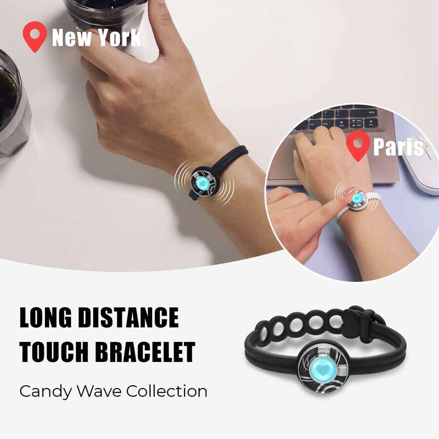 Totwoo Candy Wave Collection-Long Distance Touch Single Bracelet(Work In Pairs)-Colorful Band Bracelet, Vibration & Light Up For Love Couples Bracelet | Long Distance Relationship Gifts For Girlfriend Bluetooth Pairing Jewelry- Stay Connected Anytime, Anywhere - Black - View 1