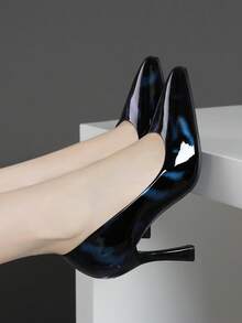春秋季節女性黑色尖頭針跟高跟鞋,低口鞋面適用於職業或工作用途 - 藍色 - 查看 3