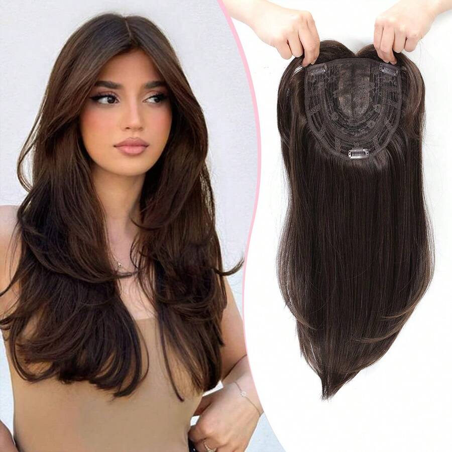 18英寸大底盤女士蓋頭髮的髮籠,適用於頭髮稀少的女性,夾簽式女士蓋頭髮的纖維假髮帶劉海深棕色 - Dark Brown - 查看 1