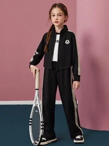 Tween Girl Letter Patch Zippered Side Zipper Jacket And Pants Suit - Black - View 7