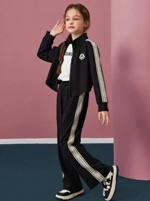 Tween Girl Letter Patch Zippered Side Zipper Jacket And Pants Suit - Black - View 10