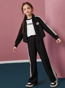 Tween Girl Letter Patch Zippered Side Zipper Jacket And Pants Suit - Black - View 9