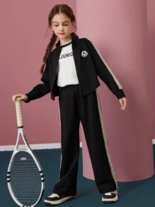 Tween Girl Letter Patch Zippered Side Zipper Jacket And Pants Suit - Black - View 3