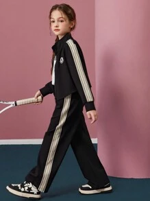 Tween Girl Letter Patch Zippered Side Zipper Jacket And Pants Suit - Black - View 5