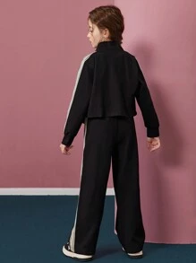 Tween Girl Letter Patch Zippered Side Zipper Jacket And Pants Suit - Black - View 4