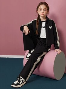 Tween Girl Letter Patch Zippered Side Zipper Jacket And Pants Suit - Black - View 1
