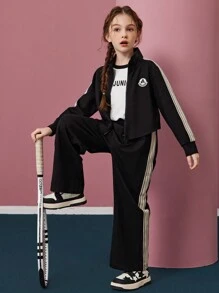 Tween Girl Letter Patch Zippered Side Zipper Jacket And Pants Suit - Black - View 8