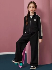 Tween Girl Letter Patch Zippered Side Zipper Jacket And Pants Suit - Black - View 2