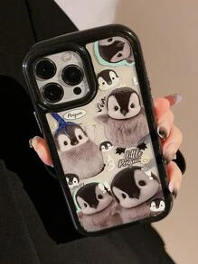 Gucadi黑色企鵝插圖,具有可愛的靈感感覺,高端質感,花卉設計,卡通貓和窗戶元素,可愛且時尚翻轉貓和塗鴉動物,時尚設計帶有黑色,粉色和卡通小貓,作為夫婦和玩偶遊戲機具有獨特風格,原創,可愛且加厚的亞克力硬殼手機殼 - 彩色 - 查看 2