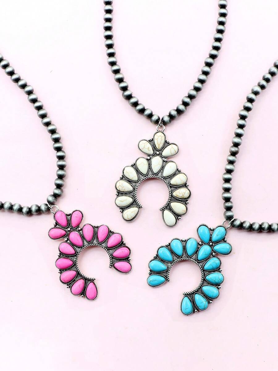 西部乡村风格复古绿松石装饰花朵吊坠项链，女士礼物 - 西部 - 查看 1