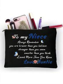 Letter Graphic Makeup Bag,Fashionable Words Print Cosmetic Bag, Lightweight Makeup Organizer, Travel Toiletry Wash Zipper Bag,Gift For Niece Girl, Cosmetic Bag - You Are Braver Than You Think Love Auntie Makeup Organizer Zipper Pouch Gift For Girl Niece Teens Graduation Gift, Birthday Present Ideal Brides Maid Gifts - Black - View 3