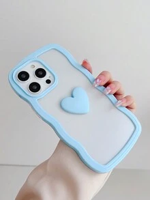 1pc Transparent 2-in-1 Wave & Heart Pattern Phone Case Compatible With Iphone - Blue - View 3