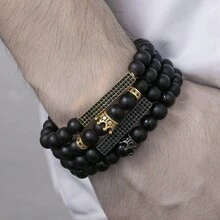 4pcs Simple & Uncommon Design Matte & Shiny Black Beads & Crown Elastic Bracelet Set - Multicolor - View 5