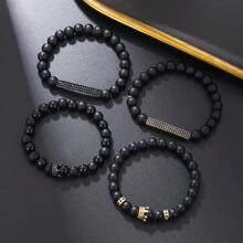 4pcs Simple & Uncommon Design Matte & Shiny Black Beads & Crown Elastic Bracelet Set - Multicolor - View 2