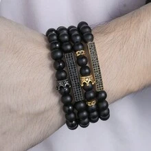 4pcs Simple & Uncommon Design Matte & Shiny Black Beads & Crown Elastic Bracelet Set - Multicolor - View 4