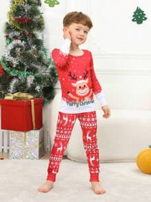 2pcs/Set Young Boy Christmas Family Matching Pajamas, Cute Reindeer & Snowflake Print Long Sleeve Top And Pants, Holiday Comfortable Tight-Fitting Sleepwear Suit - Red - View 5