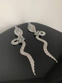 Extra Large Personalized Silver Rhinestone Fringe Earrings, European And American Style Sexy & Exaggerated Snake Shaped Full Rhinestone Dangle Earrings, Accessories - Silver - View 6