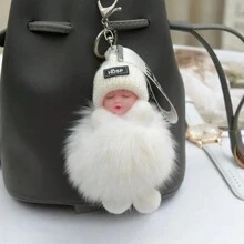 1入組毛絨睡覺嬰兒多色針織帽穿睡寶鑰匙扣，男女鑰匙扣配件 - 白色和灰色 - 查看 5