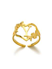 1pc Fashionable Gold Stainless Steel Flower Shaped Open Ring With Letter, Heart For Ladies, Wedding, Jewelry, Valentine'S Day Gift - Gold - View 37